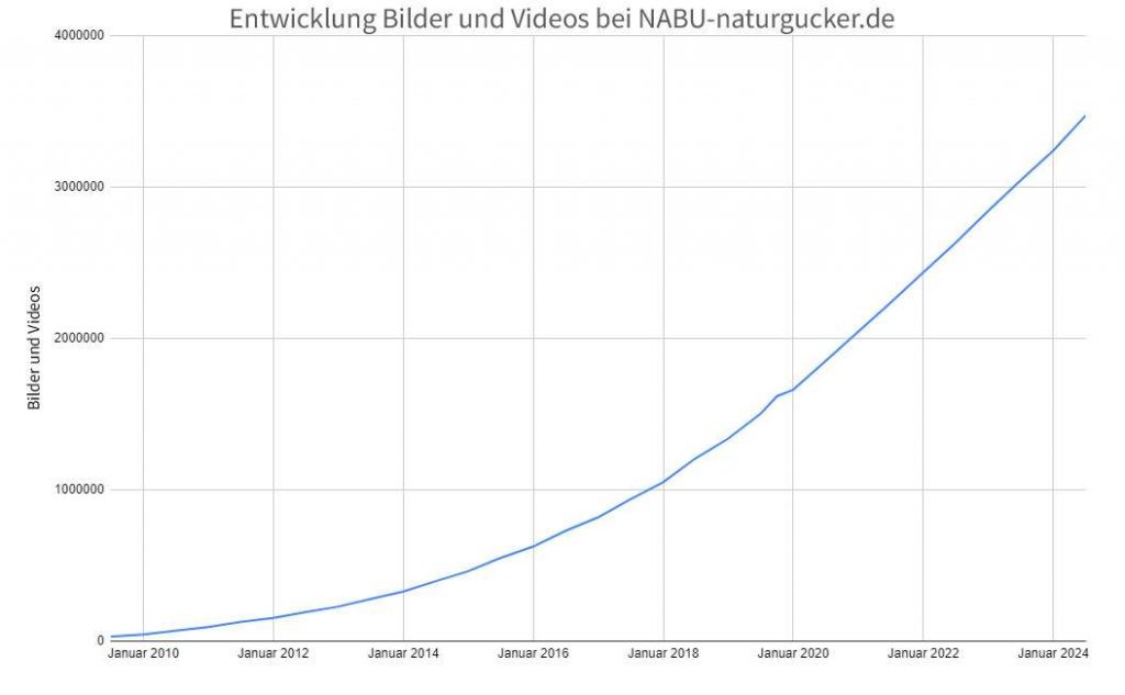 Entwicklung der Anzahl der auf dem Meldeportal hochgeladenen Bilder und Videos vom Start der Plattform bis Anfang 2024