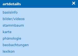 Das Informationsfenster ‚Artdetails‘ mit seinem themenbezogenen Menü