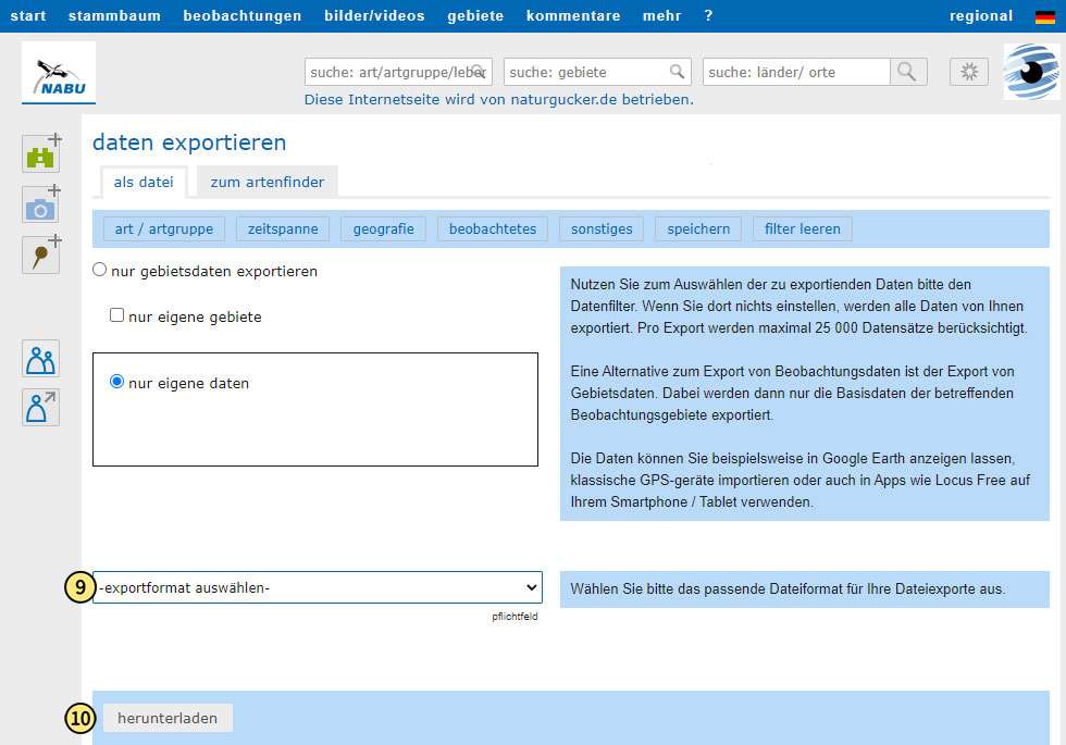 Exportformat wählen und Download starten