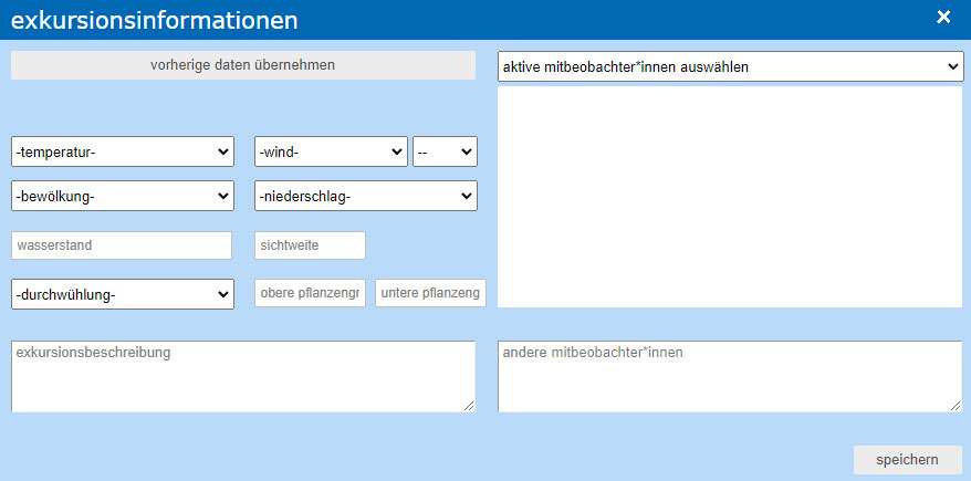 Formular zum Erfassen der Exkursionsinformationen zu Gebietsbeobachtungen