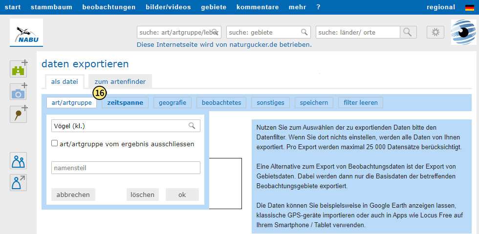 Zu exportierende Daten per Filter auswählen