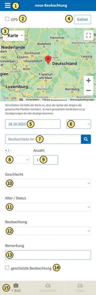 Neue Beobachtung auf der mobilen Meldeseite von NABU-naturgucker.de hochladen