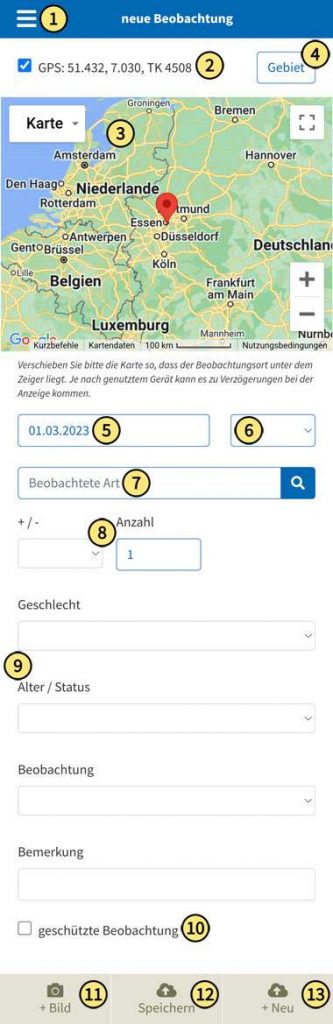 Neue Monitoring-Beobachtung mit Formular auf der Aktionsseite NABU Kröten & Co. erfassen