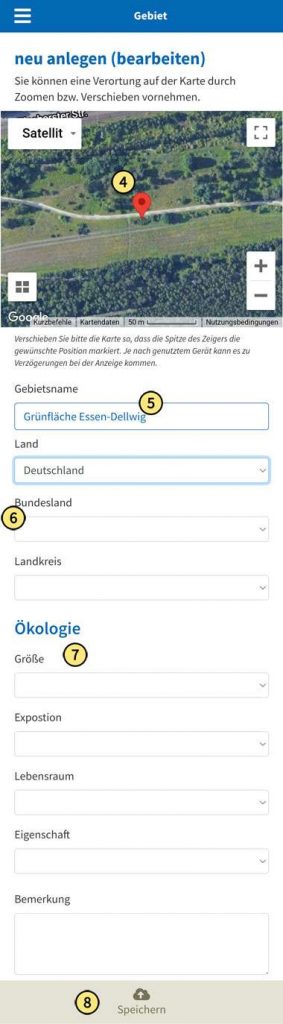 Gebietsposition festlegen und Detailangaben eintragen auf der Aktionsseite Stadtinsekten