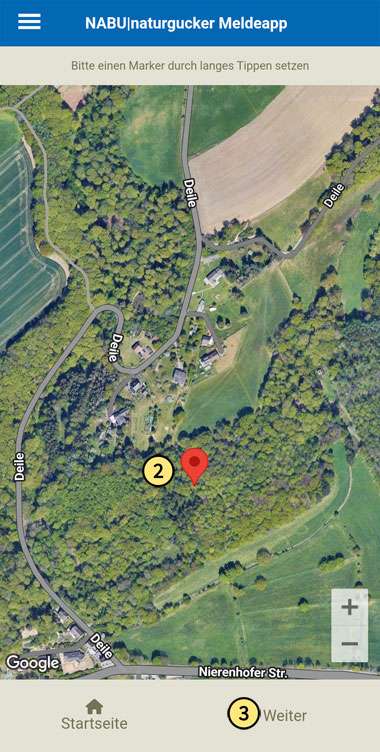 Gebietsmarker im Formular für das Anlegen eines neuen Gebiets in der NABU|naturgucker MeldeApp setzen und ‚Weiter‘ antippen