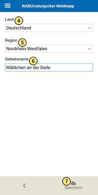 In der NABU|naturgucker MeldeApp weitere Angaben zum neuen Gebiet eintragen und speichern