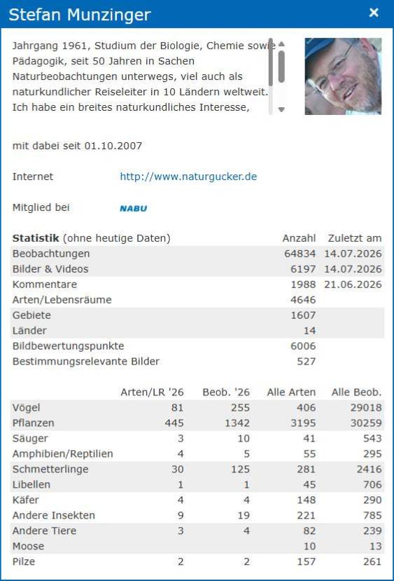 Profil eines Beobachters mit dessen persönlicher Statistik