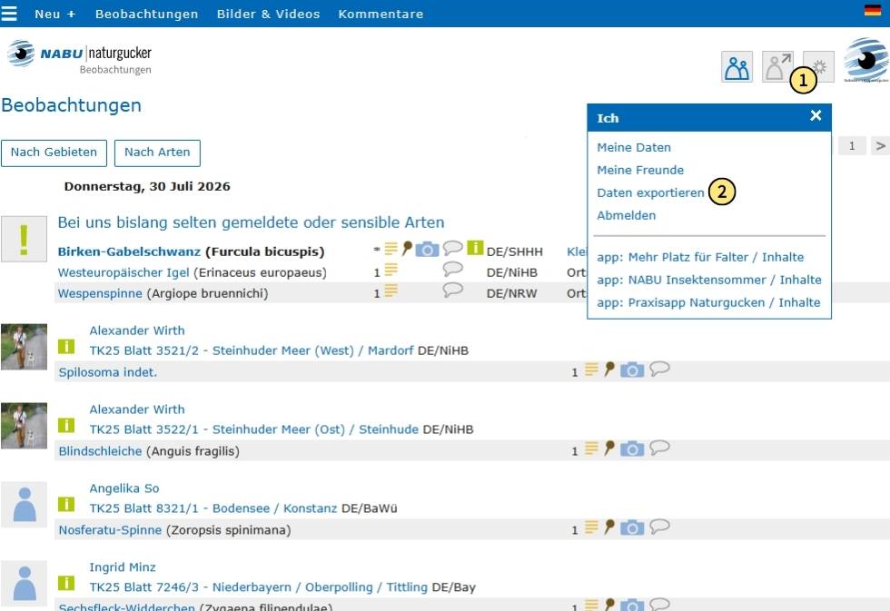Formular für den Datenexport aufrufen
