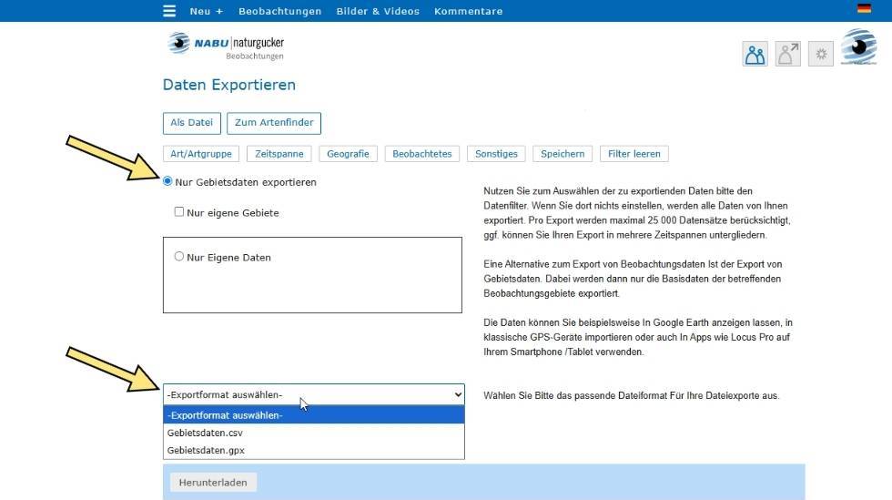 Dateiformate für den Export von Gebietsdaten aus dem Meldeportal von NABU|naturgucker