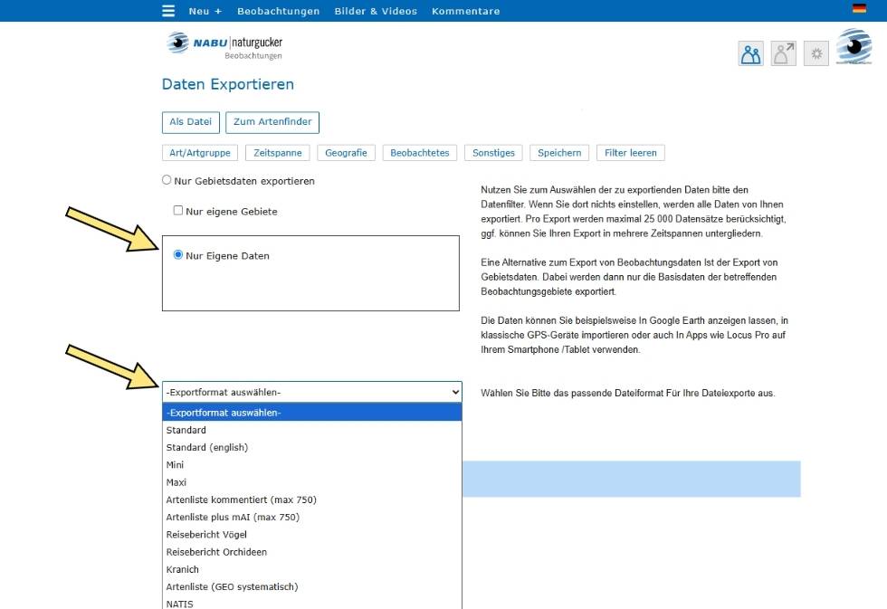 Dateiformate für den Export eigener Beobachtungsdaten aus dem Meldeportal von NABU|naturgucker