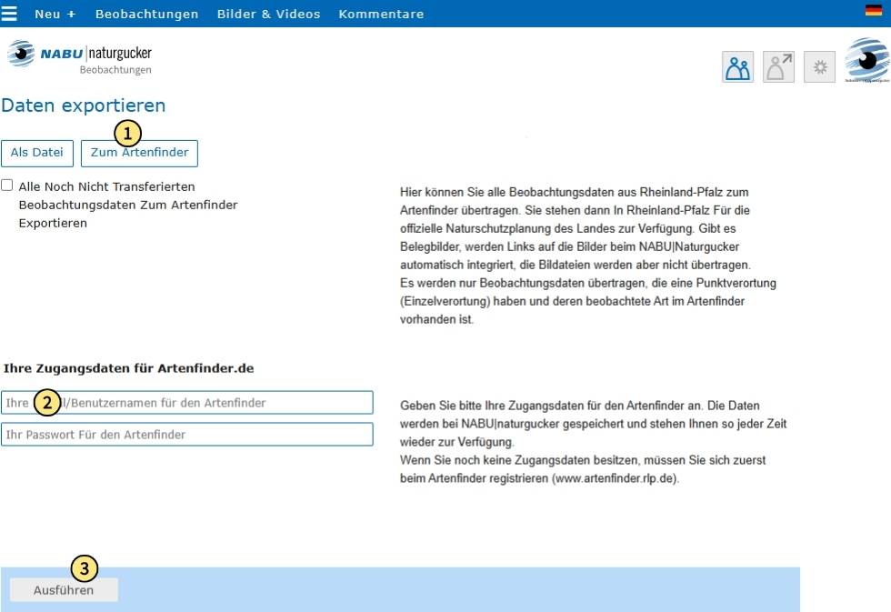 Bestimmte Daten aus dem Meldeportal von NABU|naturgucker können zum ArtenFinder Rheinland-Pfalz exportiert werden