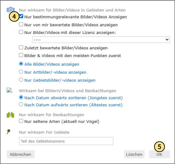 Filterauswahl treffen und mit Klick auf ‚ok‘ bestätigen