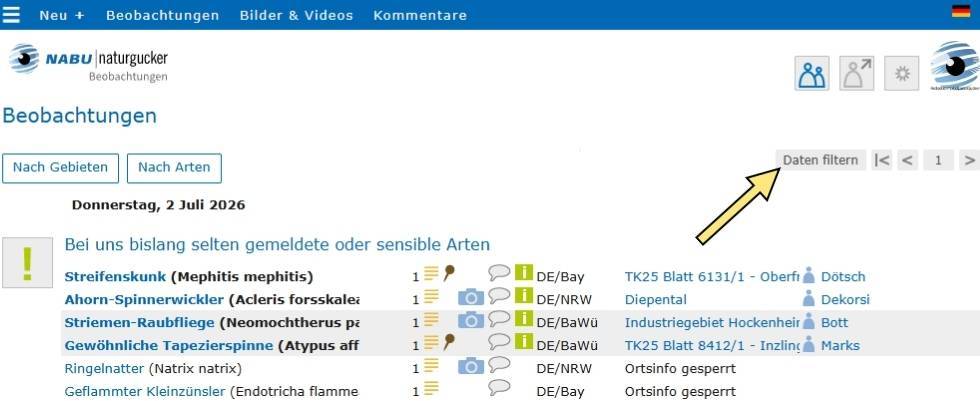 Der Button „Daten filtern“ auf dem Meldeportal