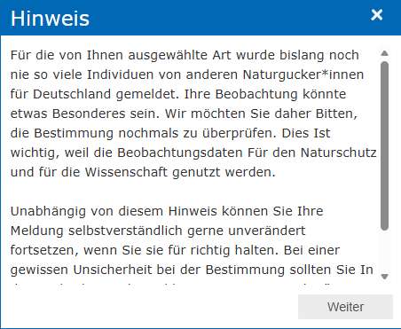 Fachhinweis zur Anzahl gemeldeter Exemplare/Individuen einer Art