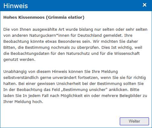 Fachhinweis zur Geografie bzw. Seltenheit einer Beobachtung