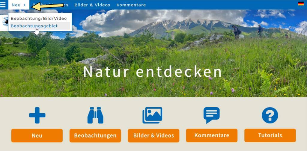 Aufrufen des Formulars zum Erstellen eines neuen Gebiets