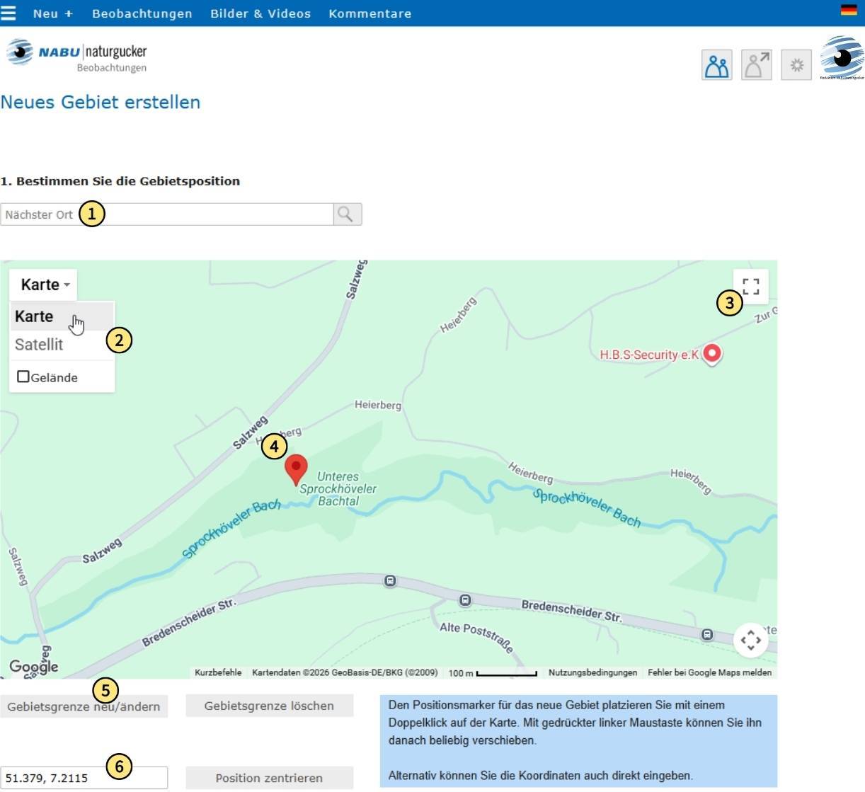 Festlegen der geografischen Position des neuen Gebiets