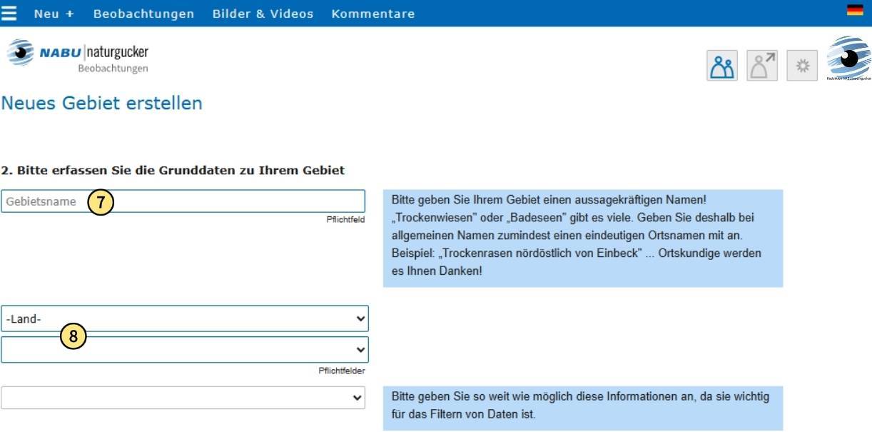 Eintragen der Grunddaten eines Gebiets, darunter vor allem dessen Name