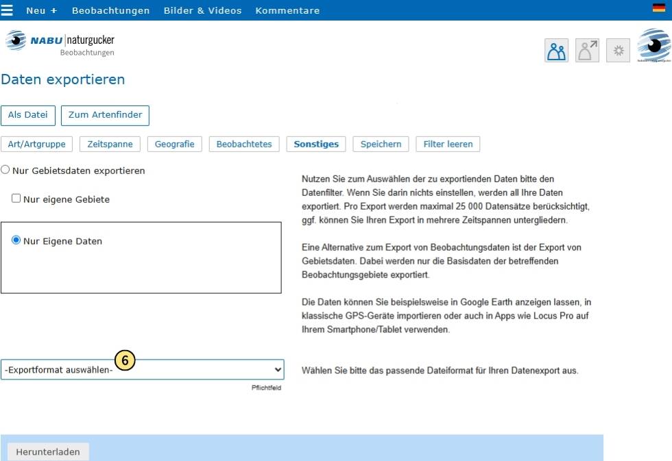 Exportformat festlegen und per Klick auf „Herunterladen“ den Download der Exportdatei starten