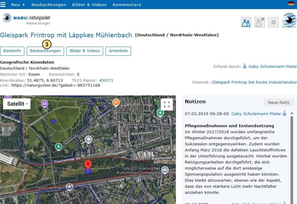 Im Gebietsporträt den Bereich ‚Beobachtungen‘ per Klick auf den gleichnamigen Button aufrufen