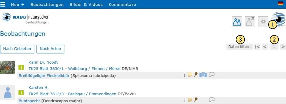 In der allgemeinen Beobachtungsliste nur eigene Daten anzeigen lassen, blättern oder die Liste filtern