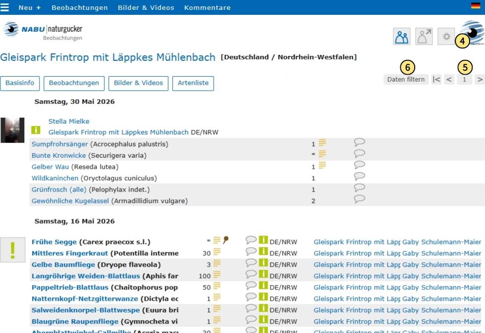 In der Gebiets-Beobachtungsliste nur eigene Daten anzeigen lassen, blättern oder die Liste filtern