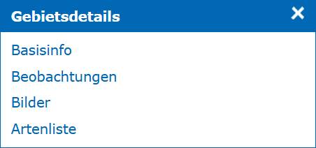 Das Infofenster ‚Gebietsdetails‘ mit seinem themenbezogenen Menü