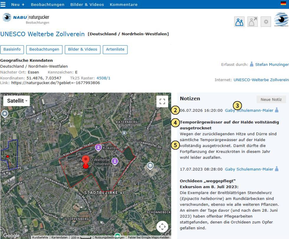 Aufbau der Gebietsnotizen auf dem Meldeportal