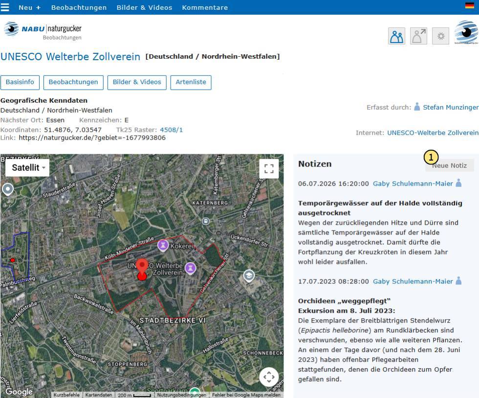 Eingabefenster für neue Gebietsnotiz aufrufen