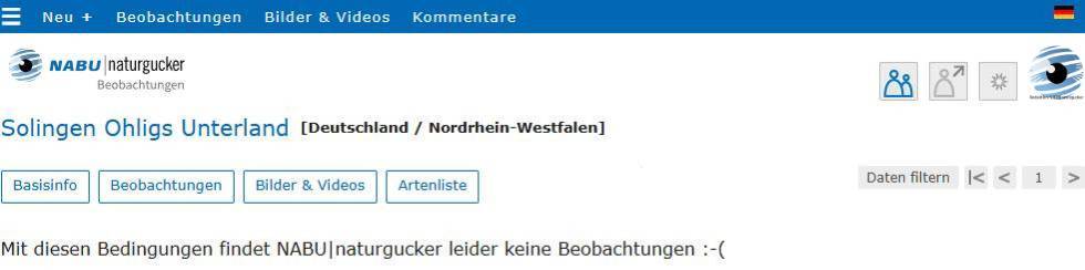 Beobachtungsliste eines Gebiets, dem bislang keine Beobachtungsdaten zugeordnet worden sind