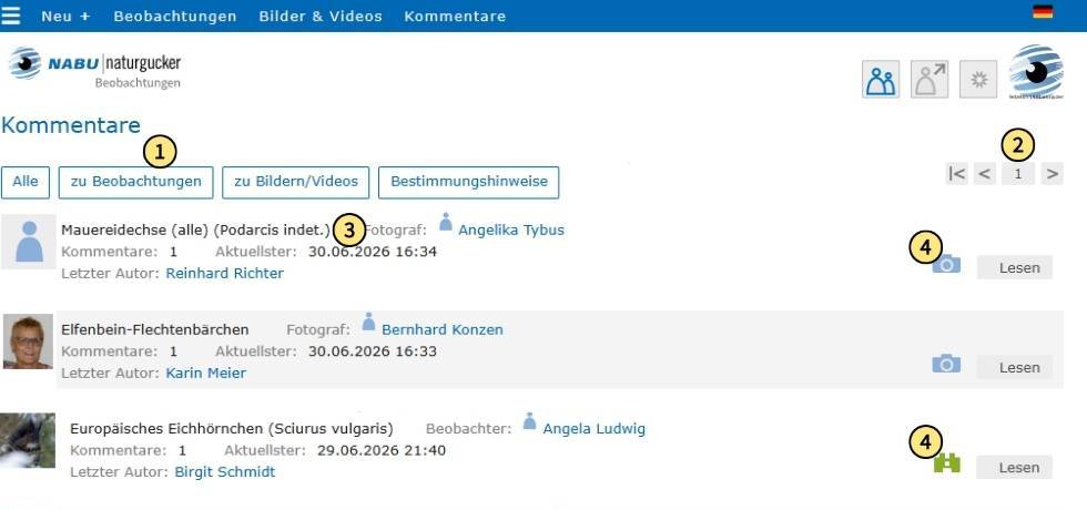 Inhalte und Funktionen der Kommentarübersicht