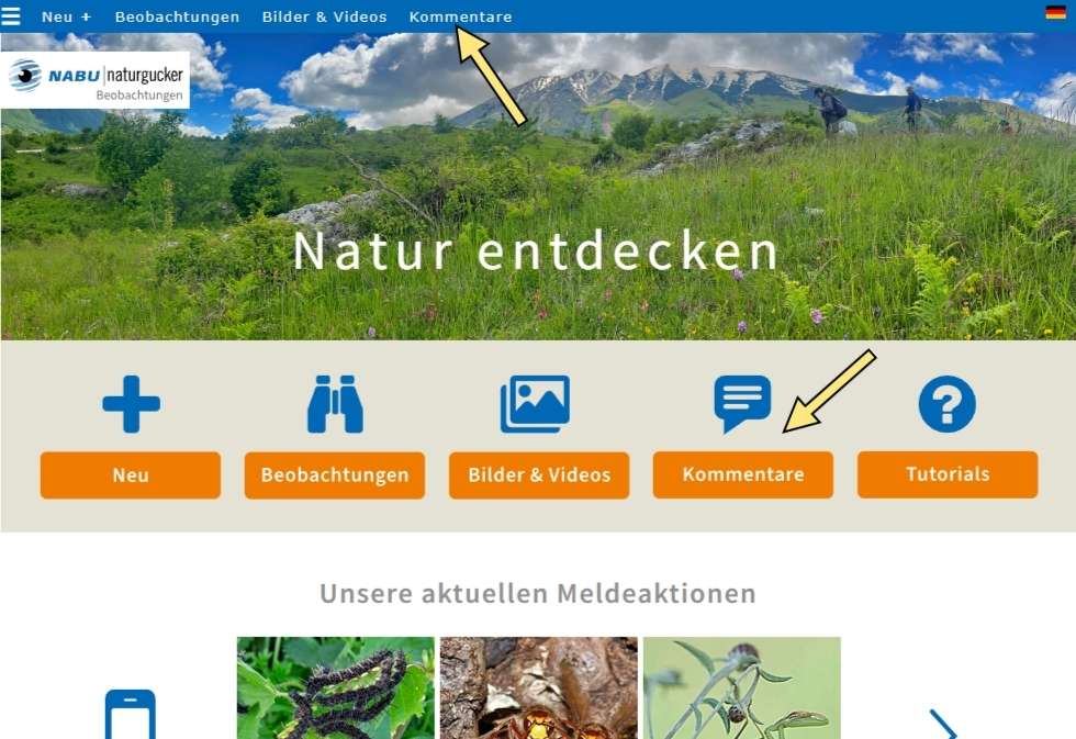 Aufrufen der Kommentarübersicht über das Hauptmenü oder die Startseitenkachel