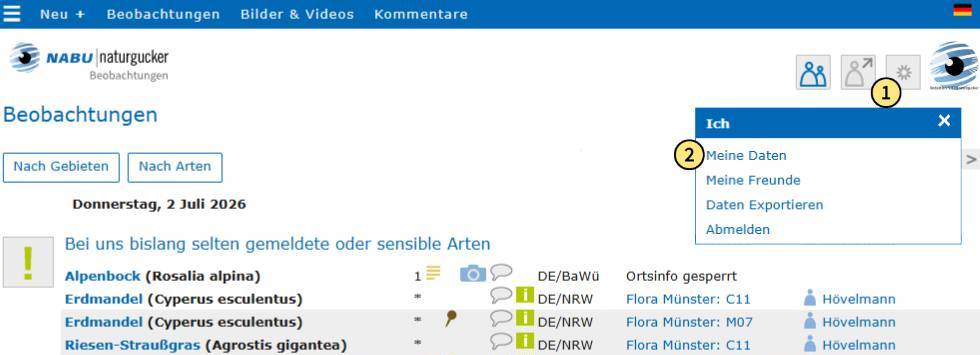 Per Klick auf das Zahnrad-Icon und den Menüeintrag ‚Meine Daten‘ die eigenen Daten aufrufen