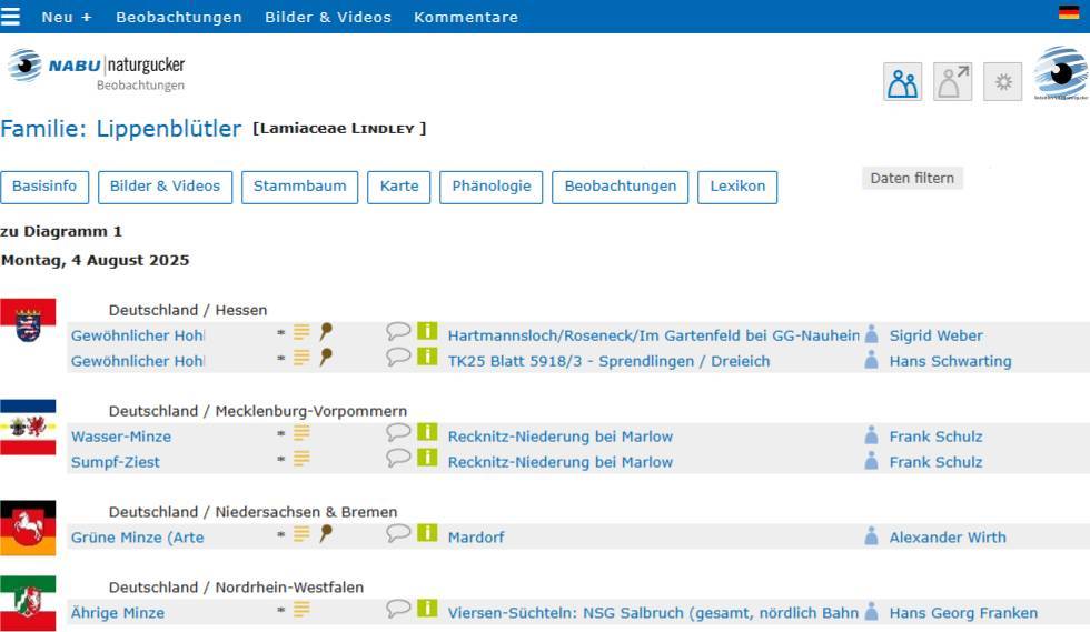 Auszug aus einer per Mausklick auf eine Diagrammsäule aufgerufenen Beobachtungsliste