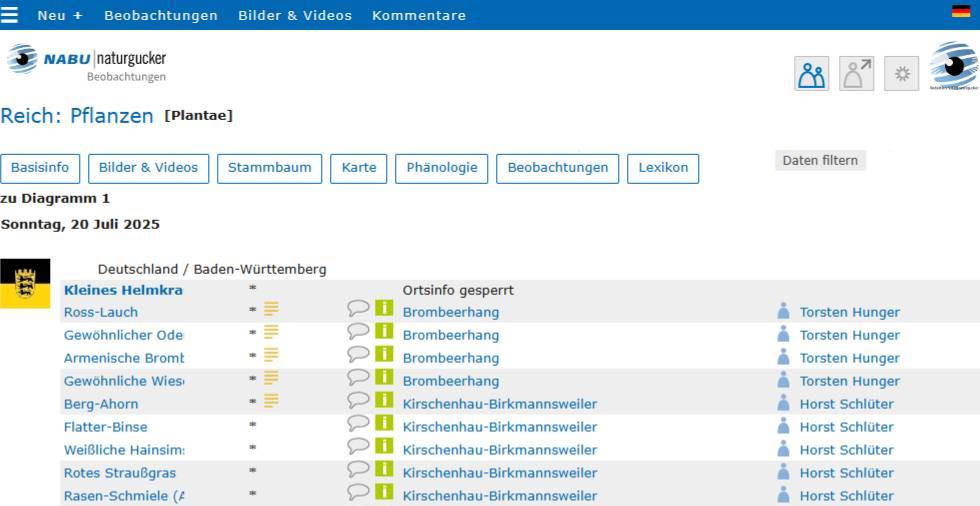 Auszug aus einer per Mausklick auf eine Diagrammsäule aufgerufenen Beobachtungsliste