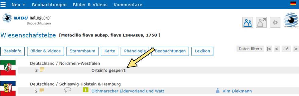 Betreffen die Beobachtungen sensible Arten oder Subtaxa, fehlen Gebiets- und Beobachter*innen-Name; stattdessen ist ‚Ortsinfo gesperrt‘ vermerkt