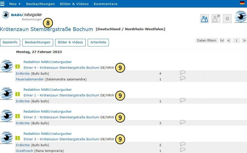 Beobachtungsangaben aus den Kleingebieten werden in der Beobachtungsliste des größeren Gebiets ebenfalls angezeigt
