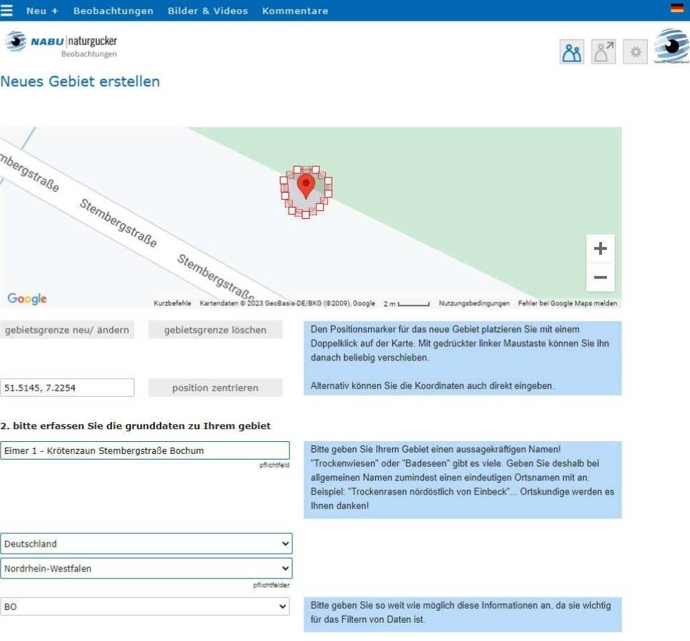 Anlegen eines Kleingebiets für einen Fangeimer